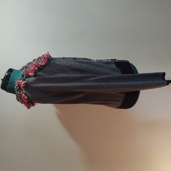 Anthropologie Karen Nicol Black and Gray Striped Cardigan Pompom Collar Sz M - Picture 10 of 12